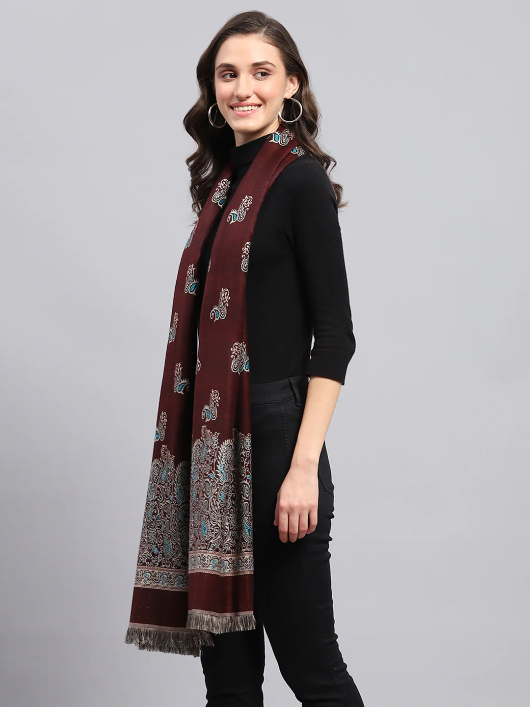 Women Maroon Self Design Stole - Image 3