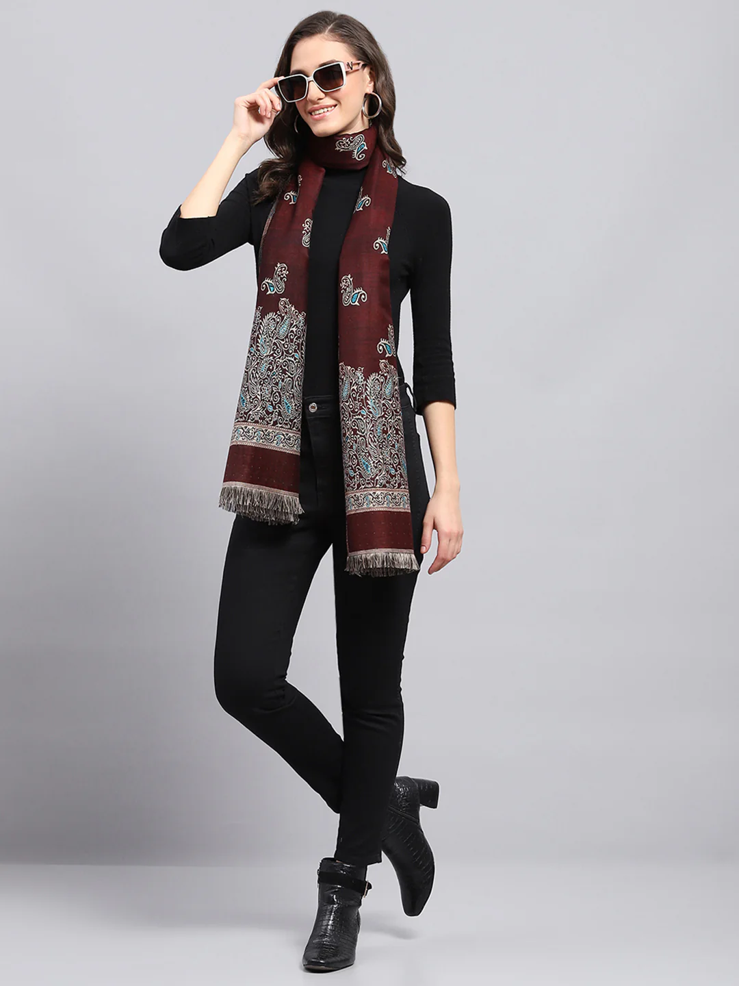 Women Maroon Self Design Stole - Image 5
