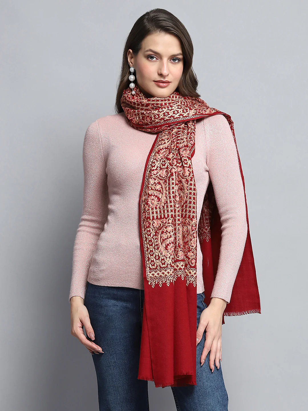 Women Maroon Self Design Stole - Image 3