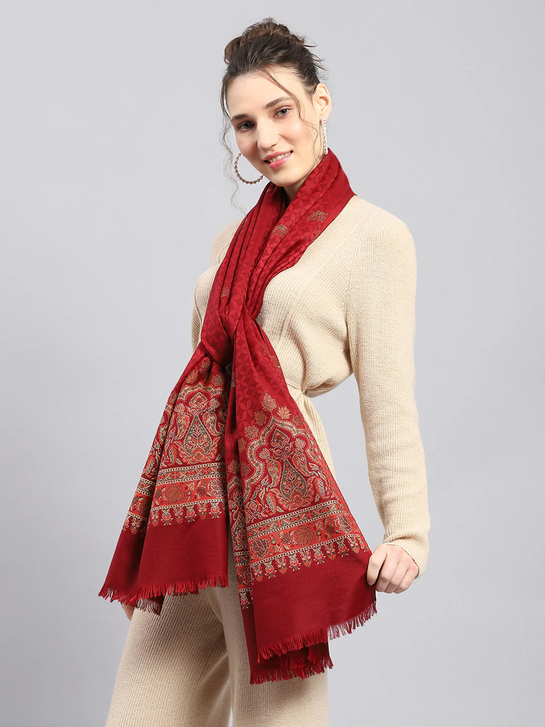 Women Maroon Self Design Stole - Image 4