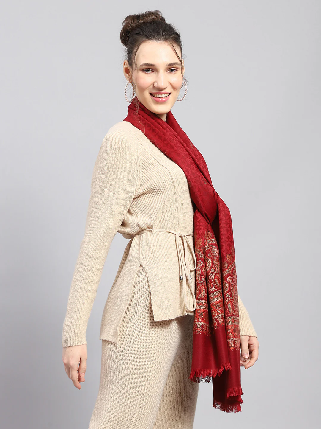 Women Maroon Self Design Stole - Image 5