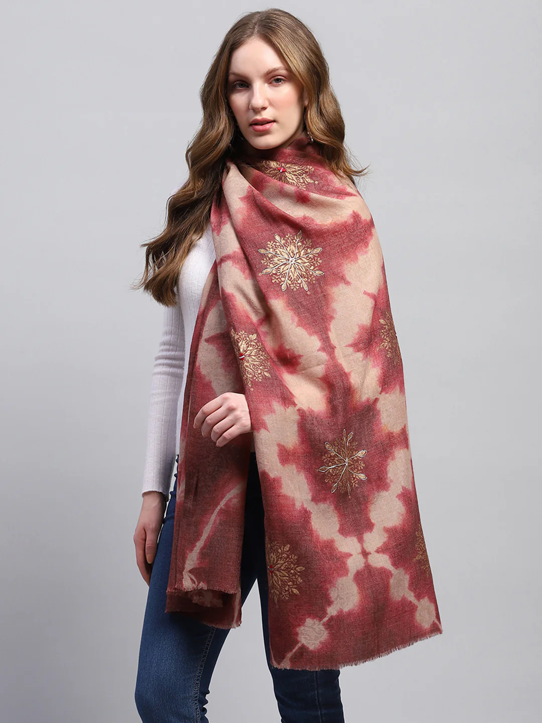 Women Maroon Self Design Stole - Image 4