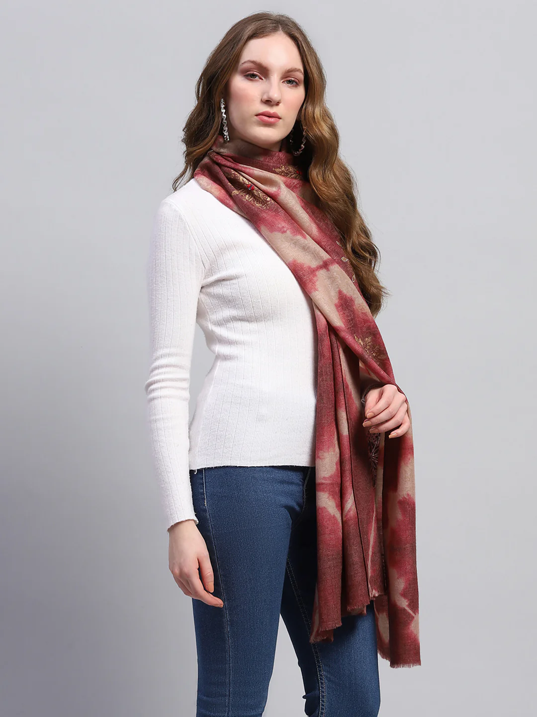 Women Maroon Self Design Stole - Image 5