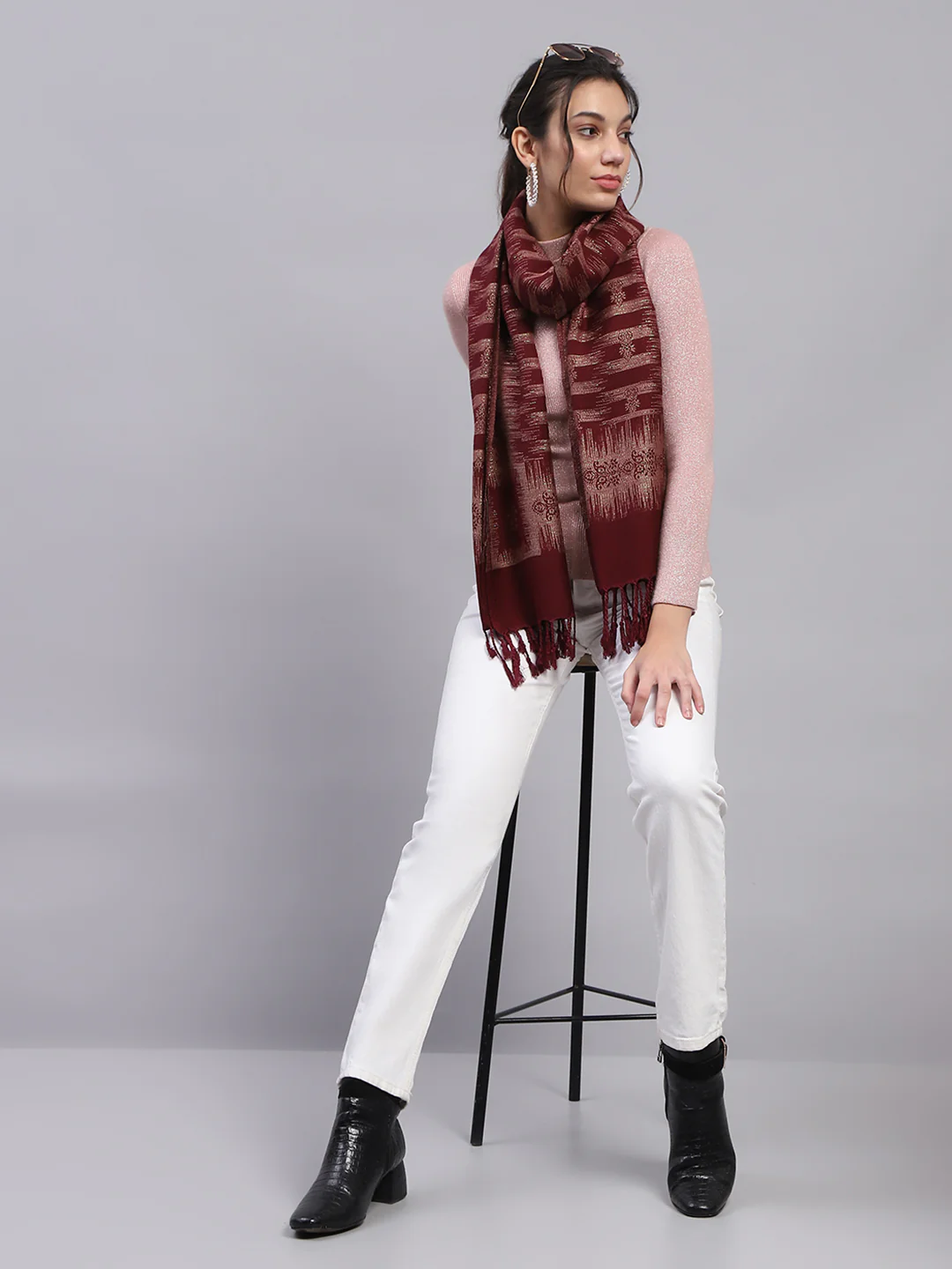 Women Maroon Self Design Stole - Image 2