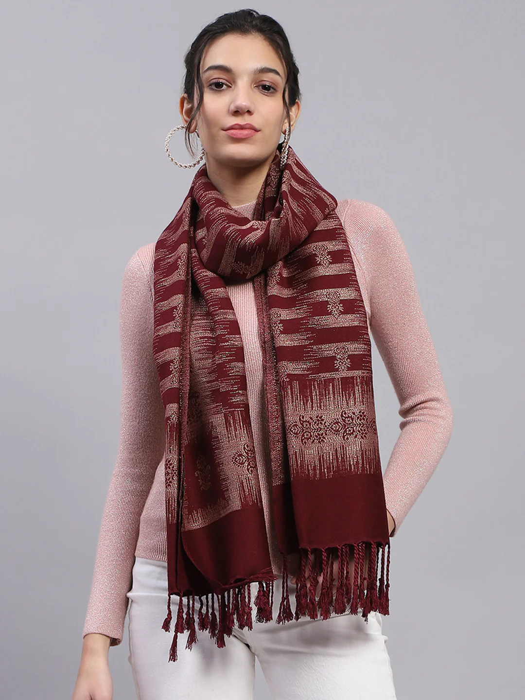 Women Maroon Self Design Stole - Image 3