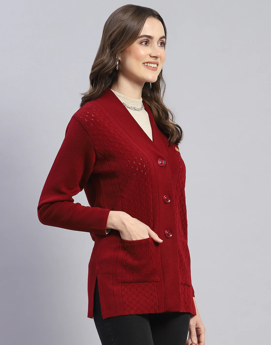 Women Maroon Self Design V Neck Full Sleeve Cardigan - Image 4