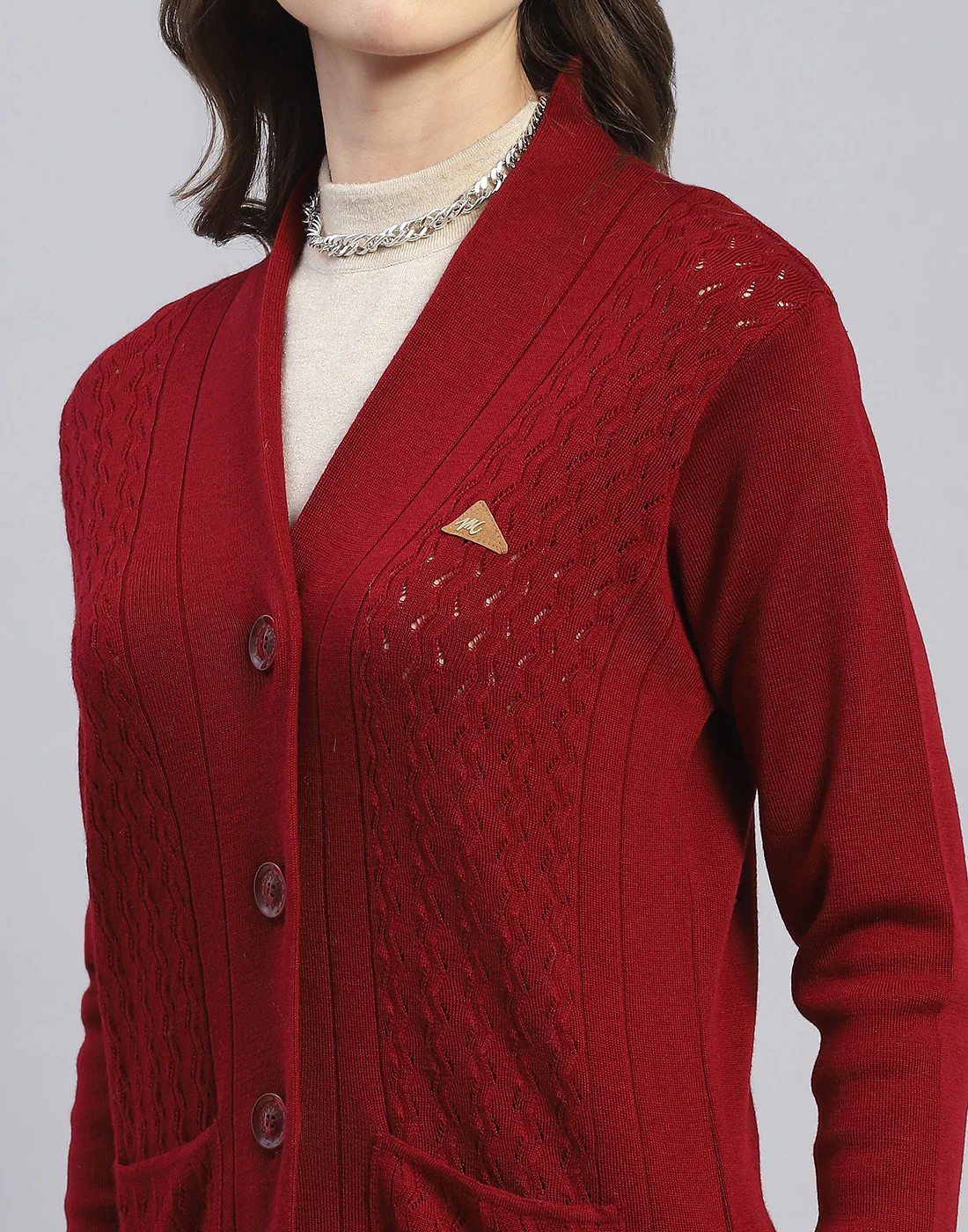 Women Maroon Self Design V Neck Full Sleeve Cardigan - Image 7