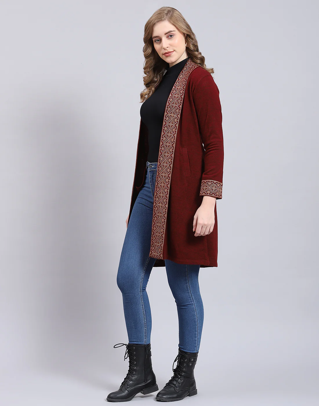 Women Maroon Self Design V Neck Full Sleeve Cardigan - Image 3