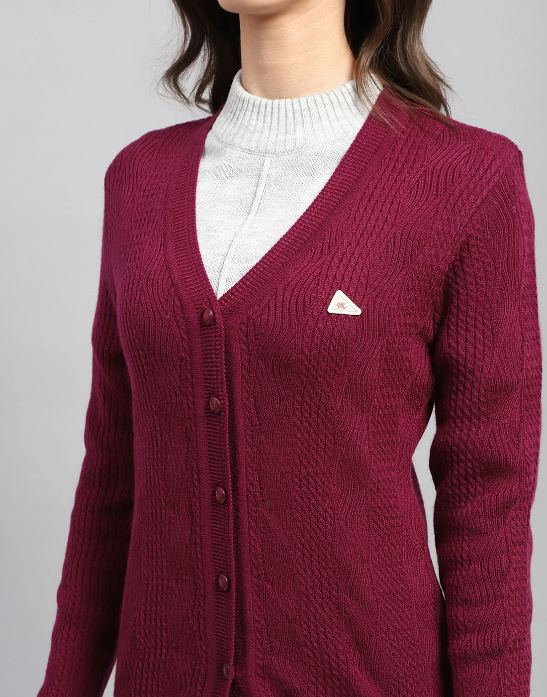 Women Maroon Self Design V Neck Full Sleeve Cardigan - Image 7