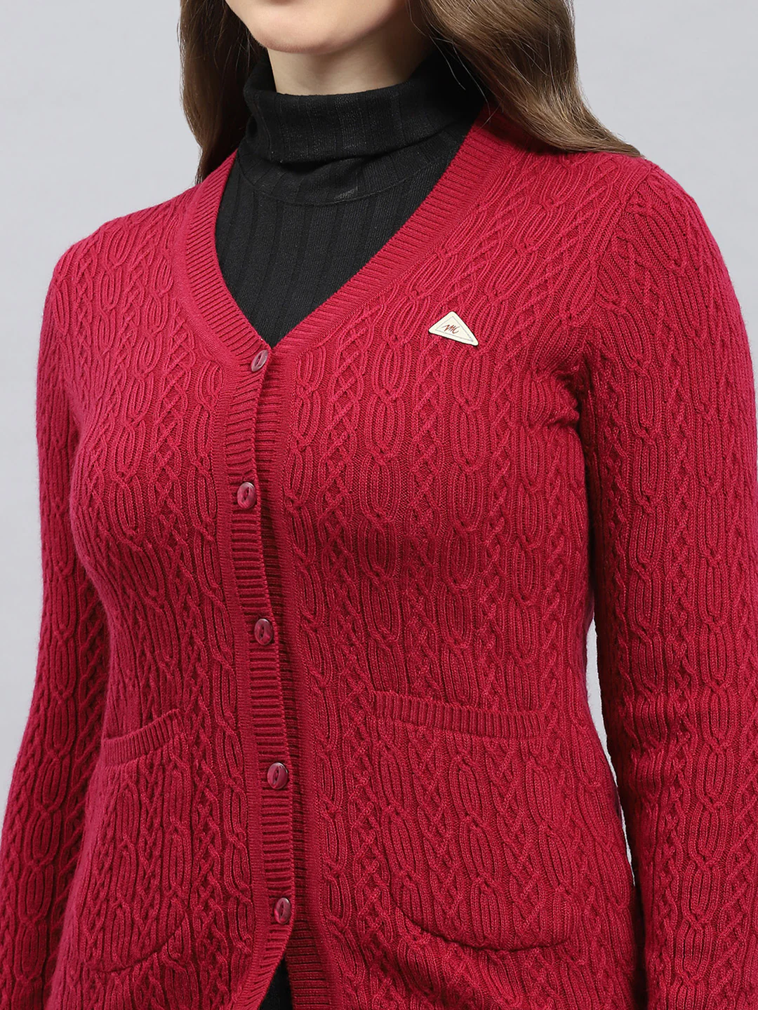 Women Maroon Self Design V Neck Full Sleeve Cardigan - Image 7