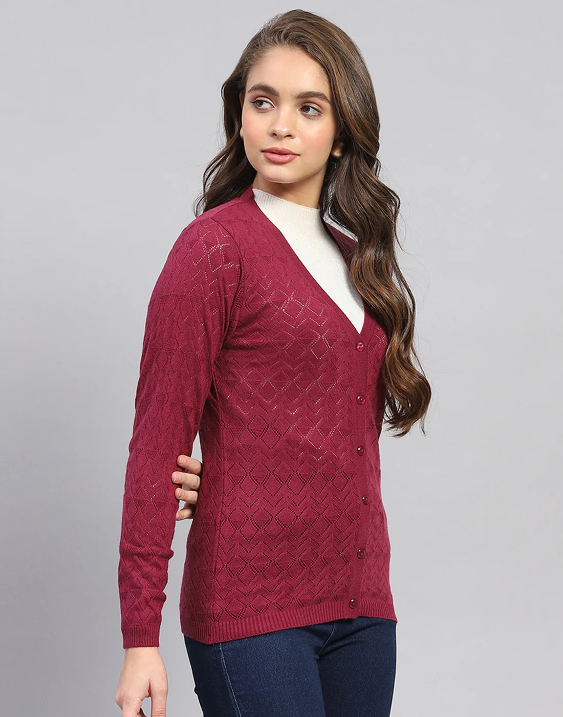 Women Maroon Self Design V Neck Full Sleeve Cardigan - Image 4