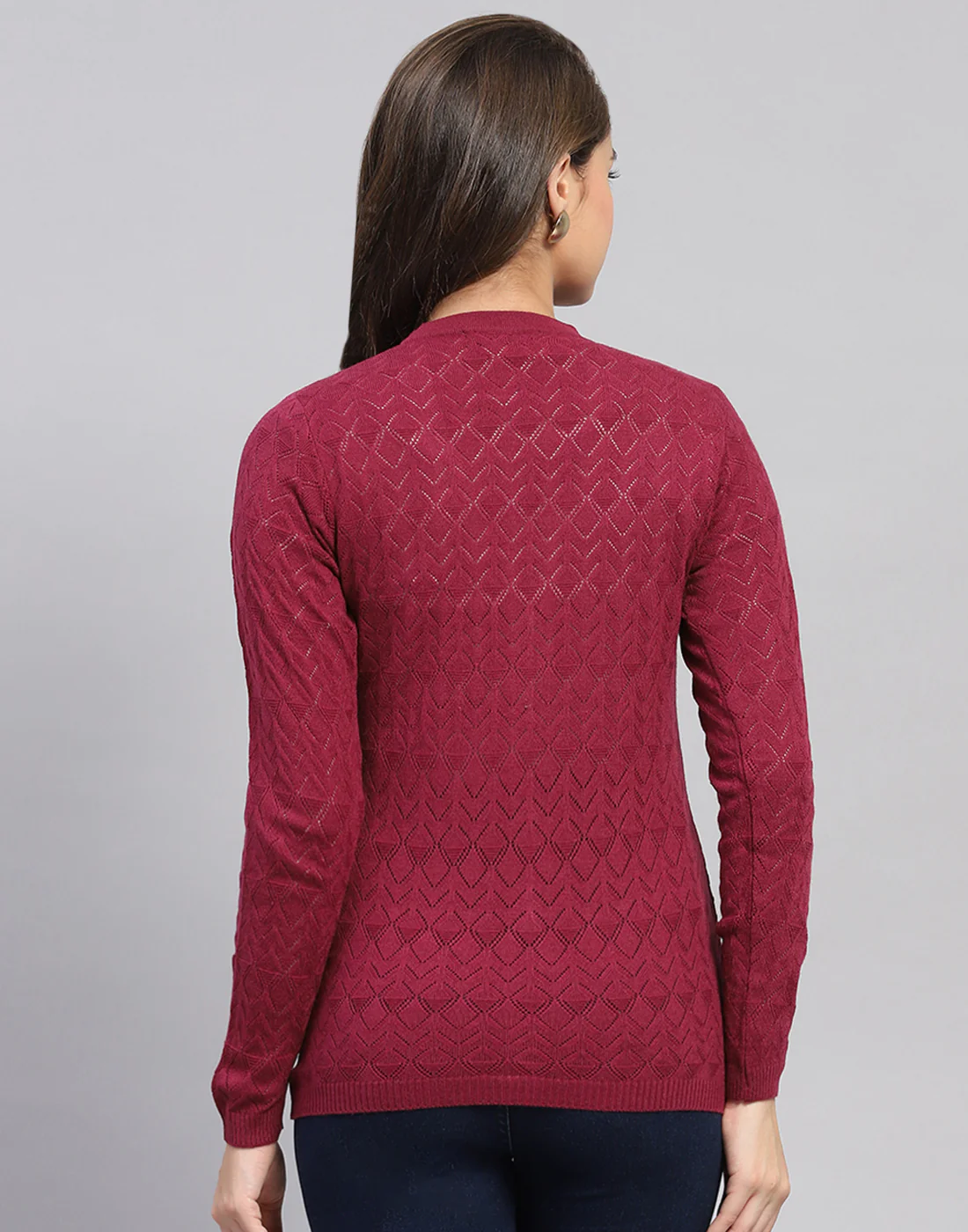 Women Maroon Self Design V Neck Full Sleeve Cardigan - Image 5