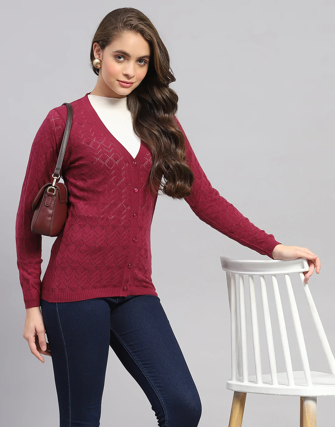 Women Maroon Self Design V Neck Full Sleeve Cardigan - Image 6