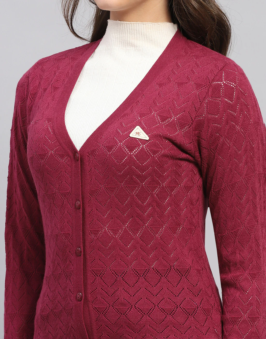 Women Maroon Self Design V Neck Full Sleeve Cardigan - Image 7