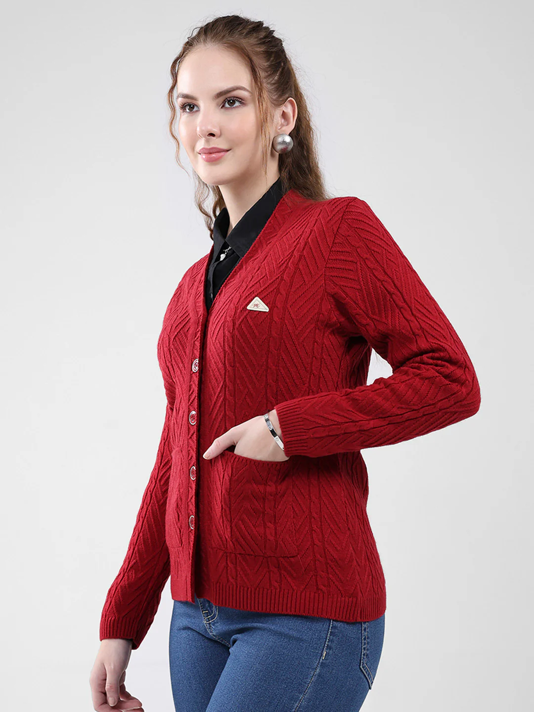 Women Maroon Self Design V Neck Full Sleeve Cardigan - Image 3