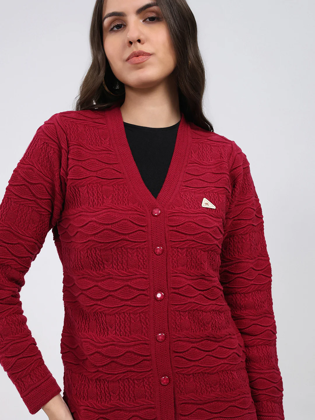 Women Maroon Self Design V Neck Full Sleeve Cardigan - Image 6