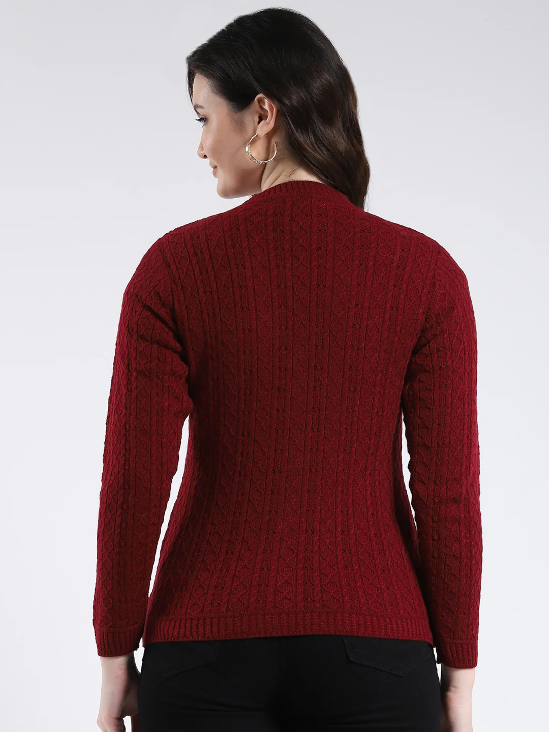 Women Maroon Self Design V Neck Full Sleeve Cardigan - Image 5