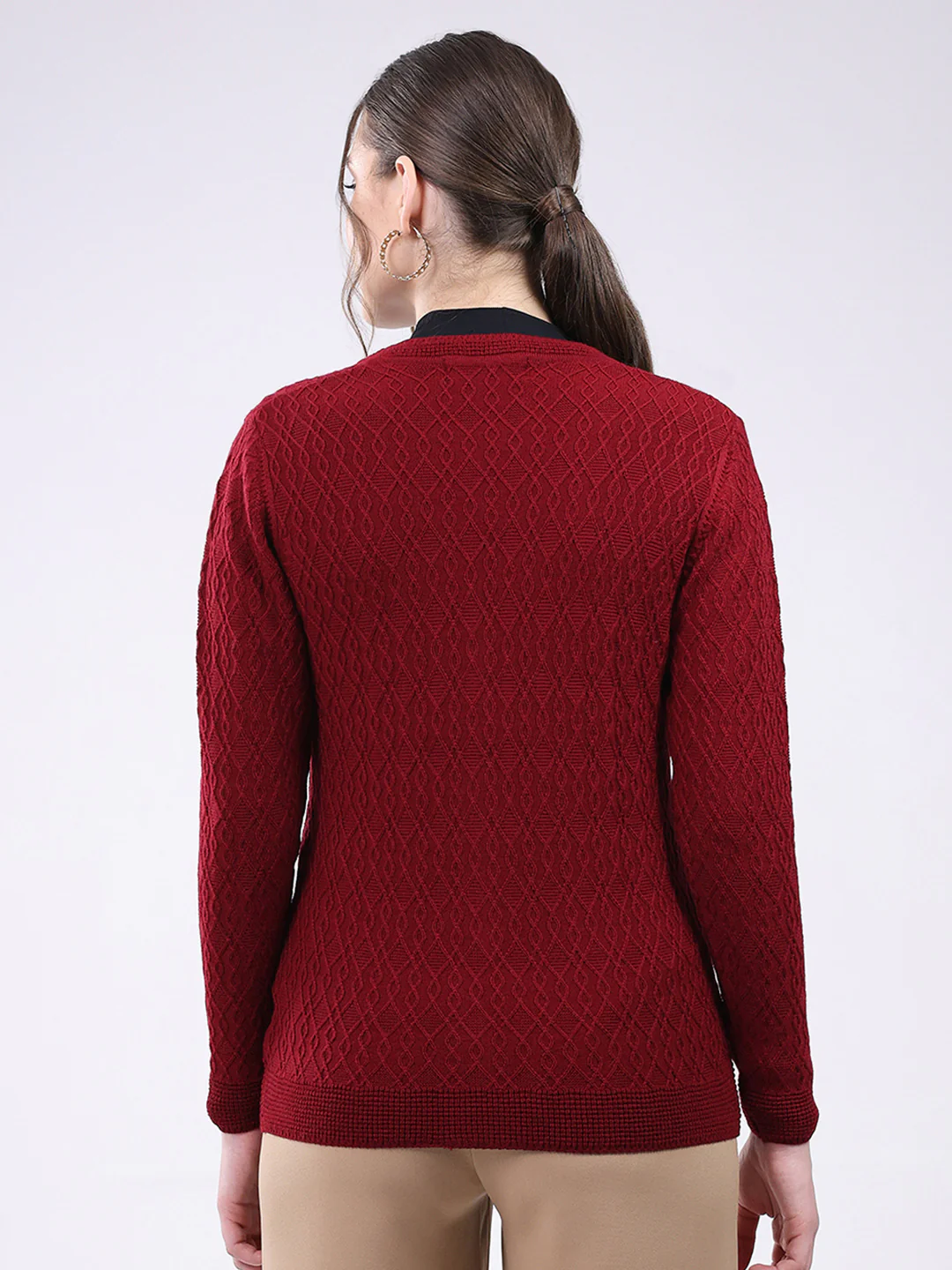 Women Maroon Self Design V Neck Full Sleeve Cardigan - Image 5