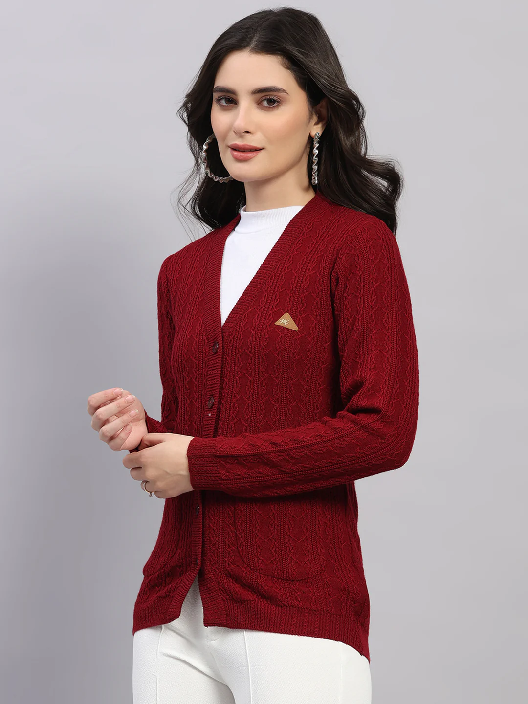 Women Maroon Self Design V Neck Full Sleeve Cardigan - Image 3