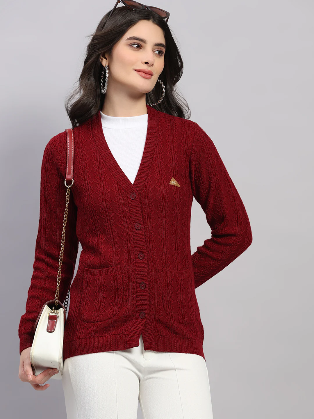 Women Maroon Self Design V Neck Full Sleeve Cardigan - Image 6
