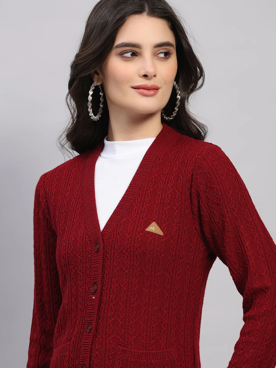Women Maroon Self Design V Neck Full Sleeve Cardigan - Image 7