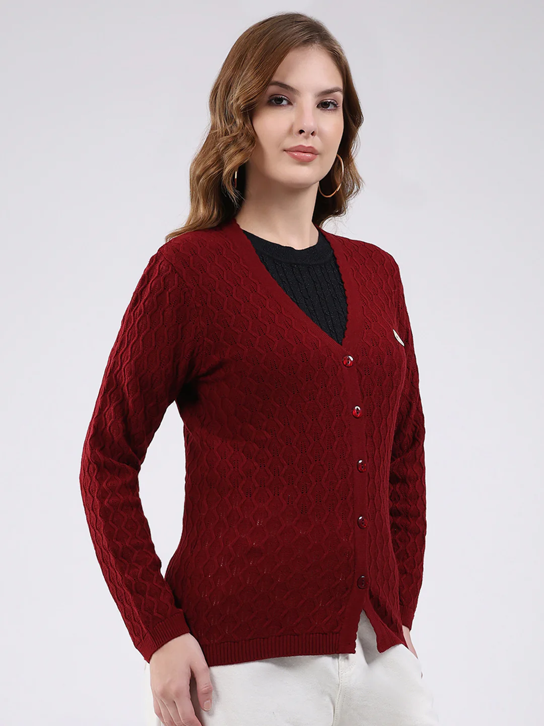 Women Maroon Self Design V Neck Full Sleeve Cardigan - Image 4