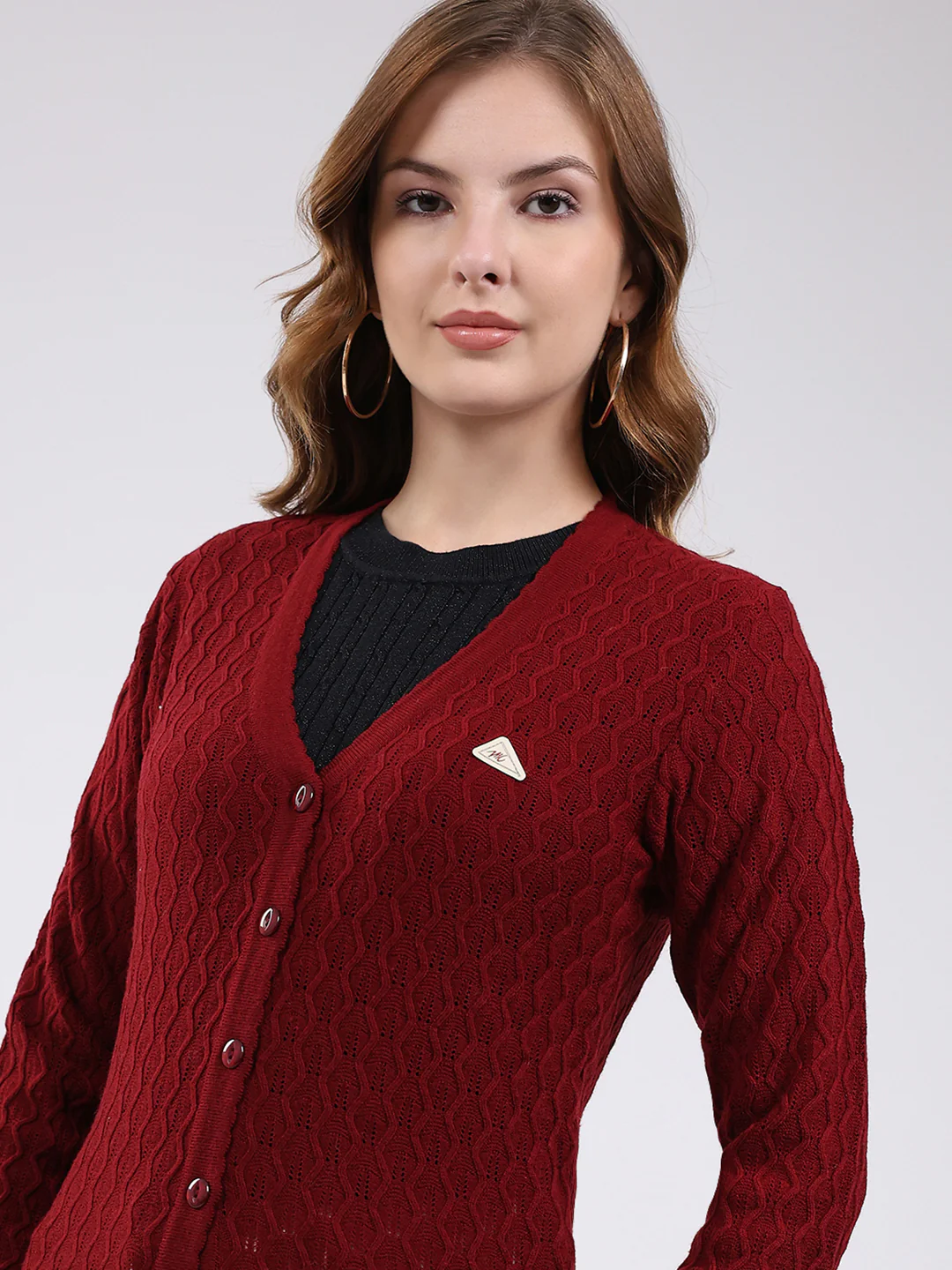 Women Maroon Self Design V Neck Full Sleeve Cardigan - Image 7