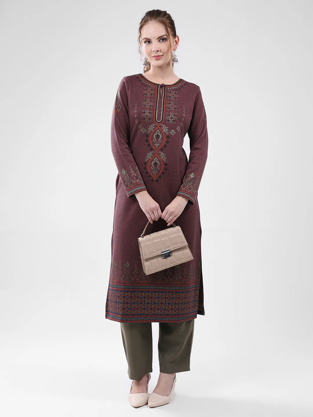 Women Maroon Self Design Round Neck Full Sleeve Winter Kurti - Image 2