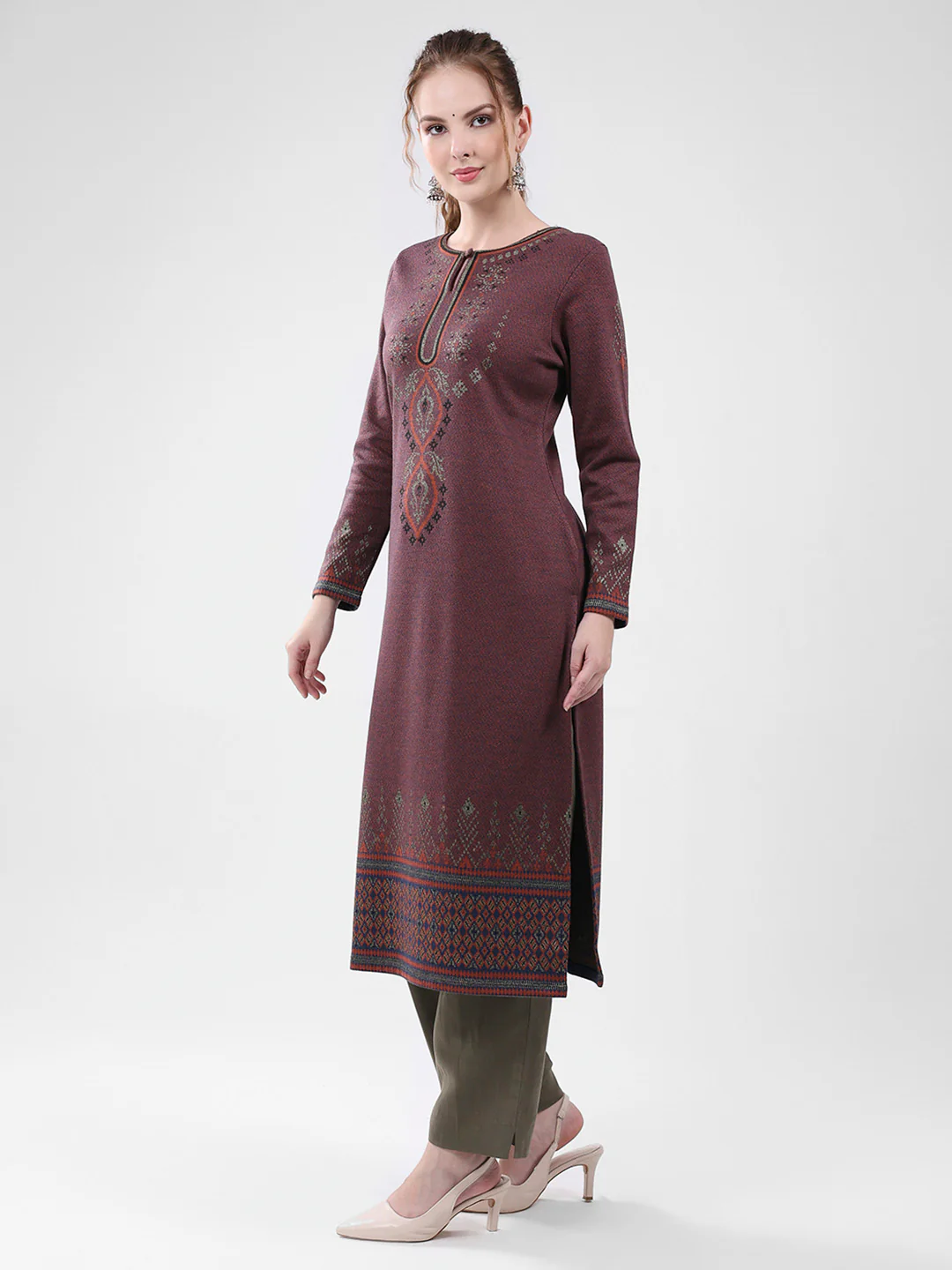 Women Maroon Self Design Round Neck Full Sleeve Winter Kurti - Image 3