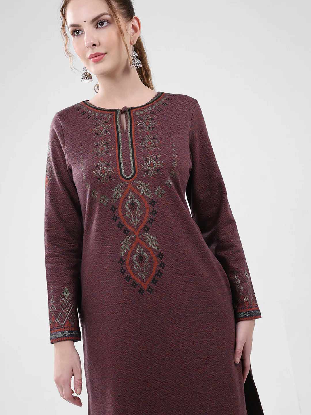 Women Maroon Self Design Round Neck Full Sleeve Winter Kurti - Image 6