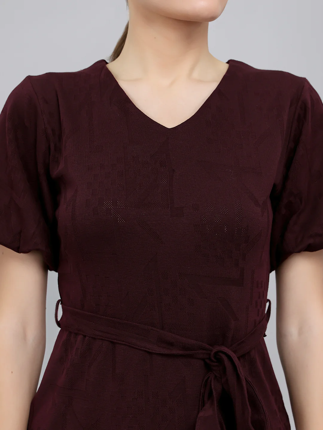 Women Maroon Self Design V Neck Half Sleeve Dress - Image 5