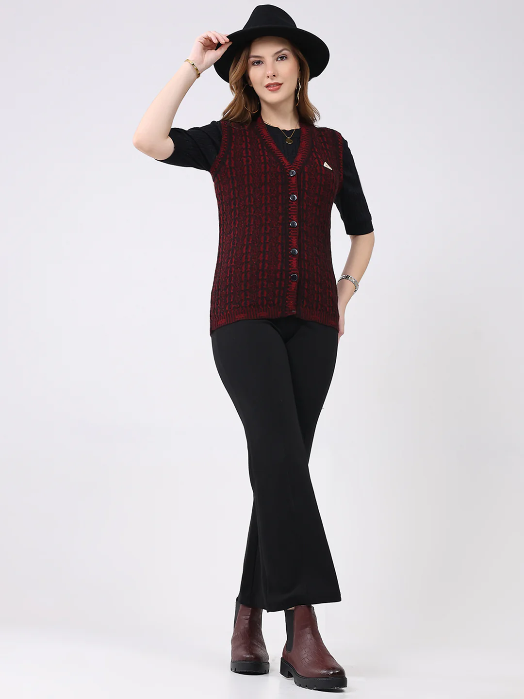 Women Maroon Self Design V Neck Sleeveless Cardigan - Image 2