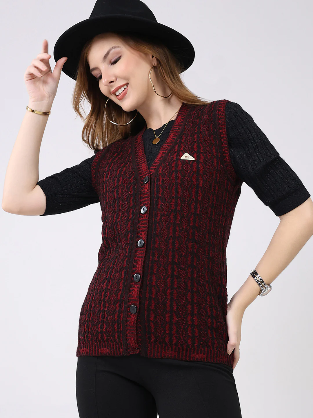 Women Maroon Self Design V Neck Sleeveless Cardigan - Image 6