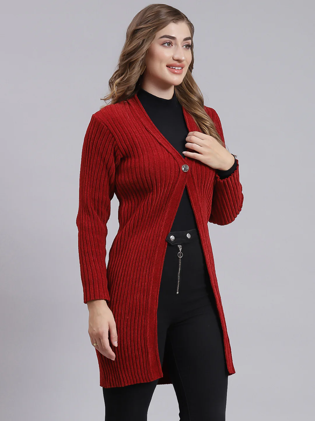 Women Maroon Self Design Wool blend Cardigan - Image 2