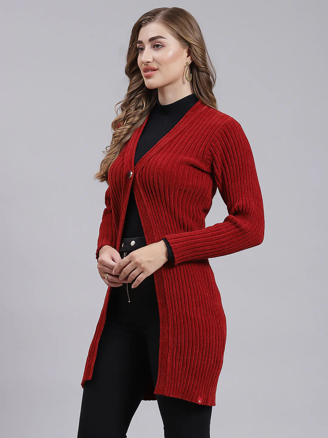 Women Maroon Self Design Wool blend Cardigan - Image 3