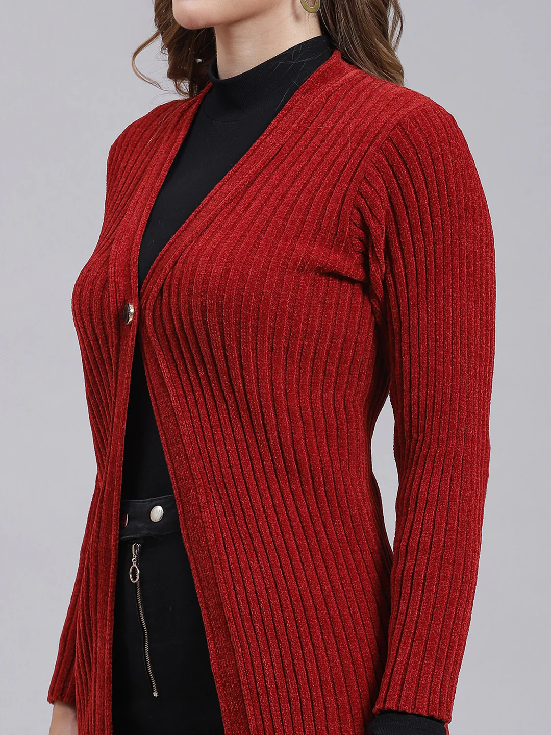 Women Maroon Self Design Wool blend Cardigan - Image 6