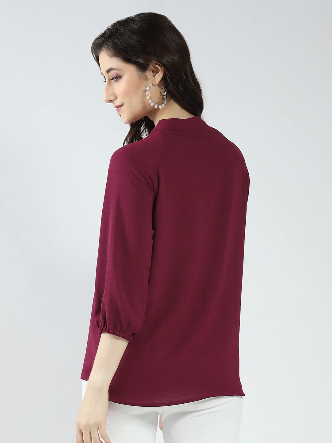 Women Maroon Solid Band Neck 3/4th Sleeve Top - Image 6