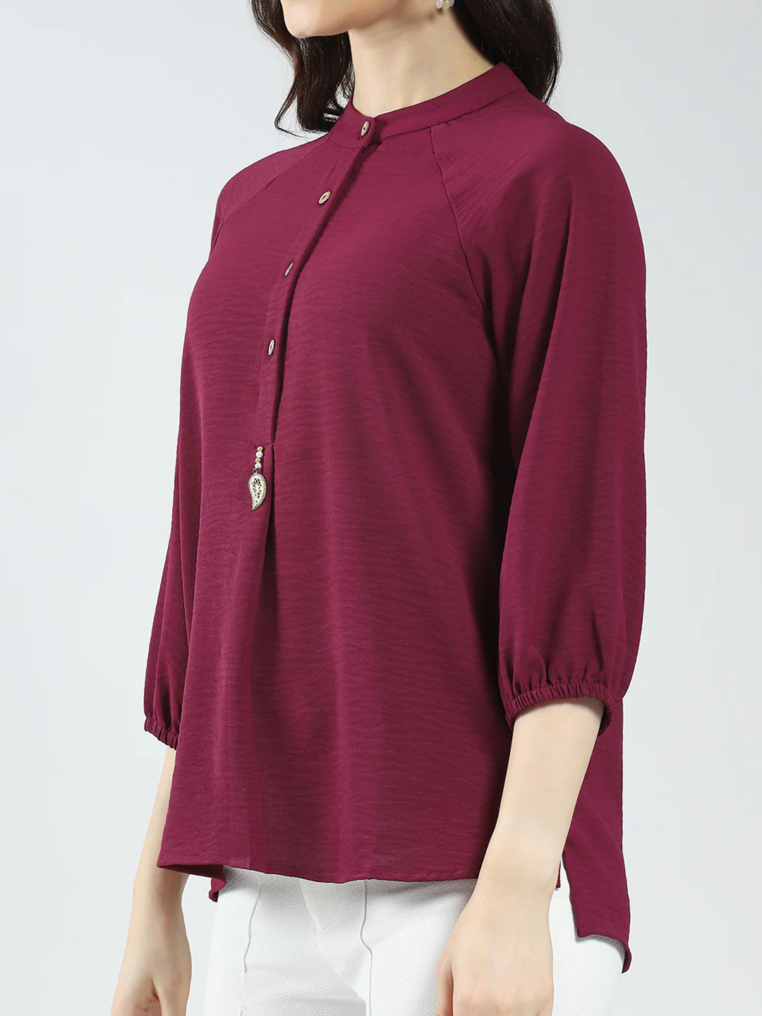 Women Maroon Solid Band Neck 3/4th Sleeve Top - Image 7