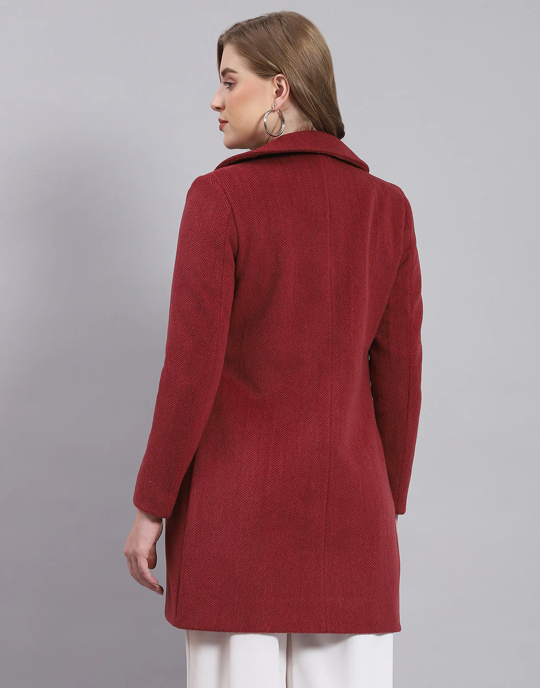 Women Maroon Solid Collar Full Sleeve Coat - Image 5