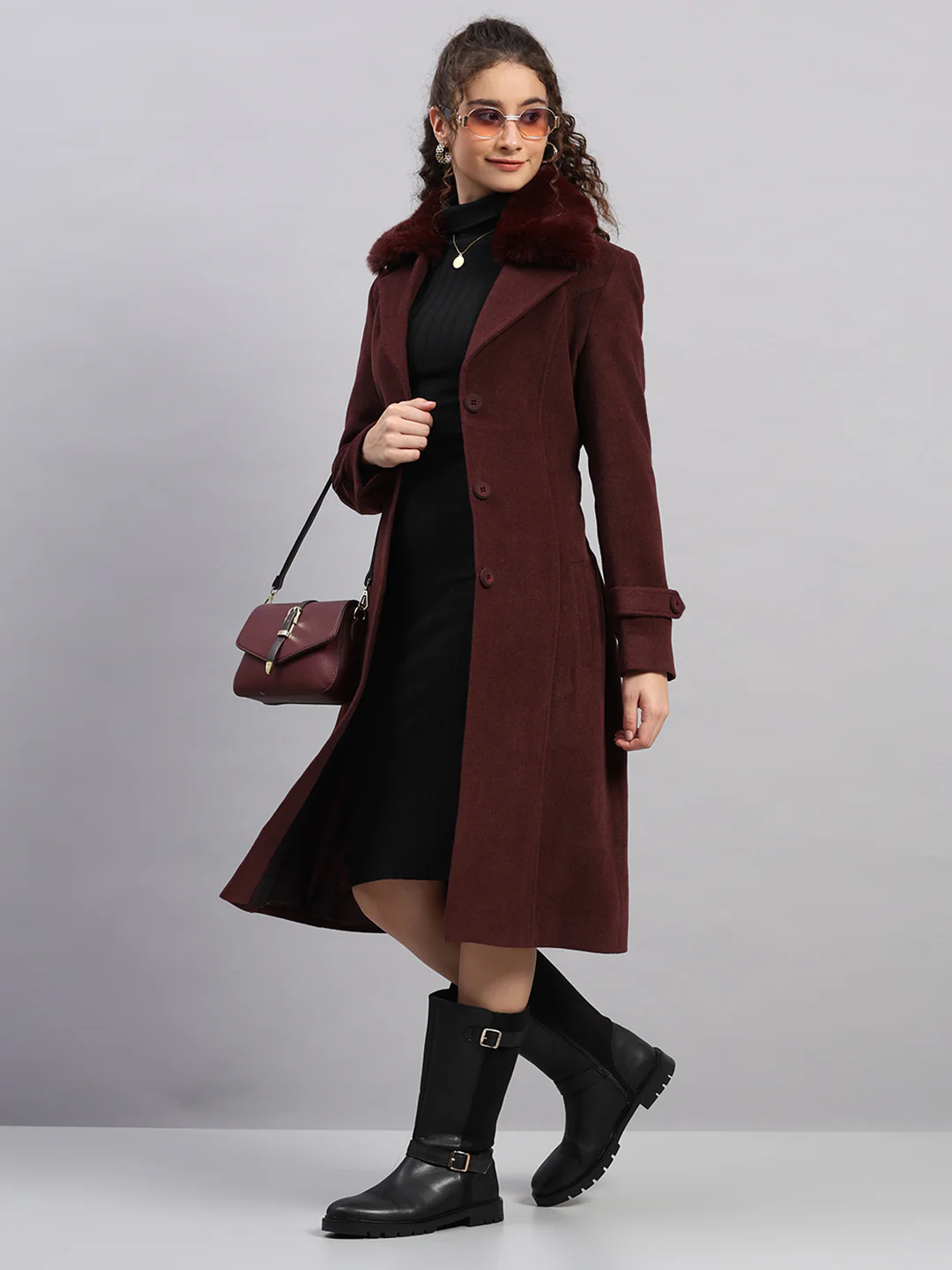 Women Maroon Solid Collar Full Sleeve Coat - Image 2