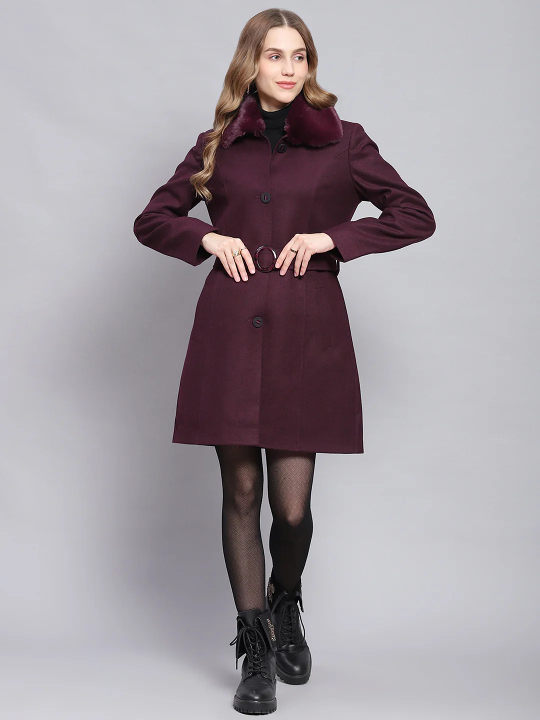 Women Maroon Solid Collar Full Sleeve Coats - Image 2