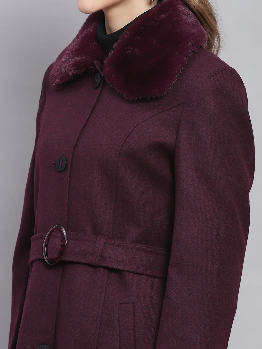 Women Maroon Solid Collar Full Sleeve Coats - Image 6