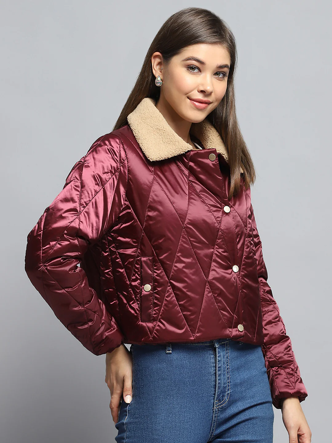Women Maroon Solid Collar Full Sleeve Jacket - Image 4