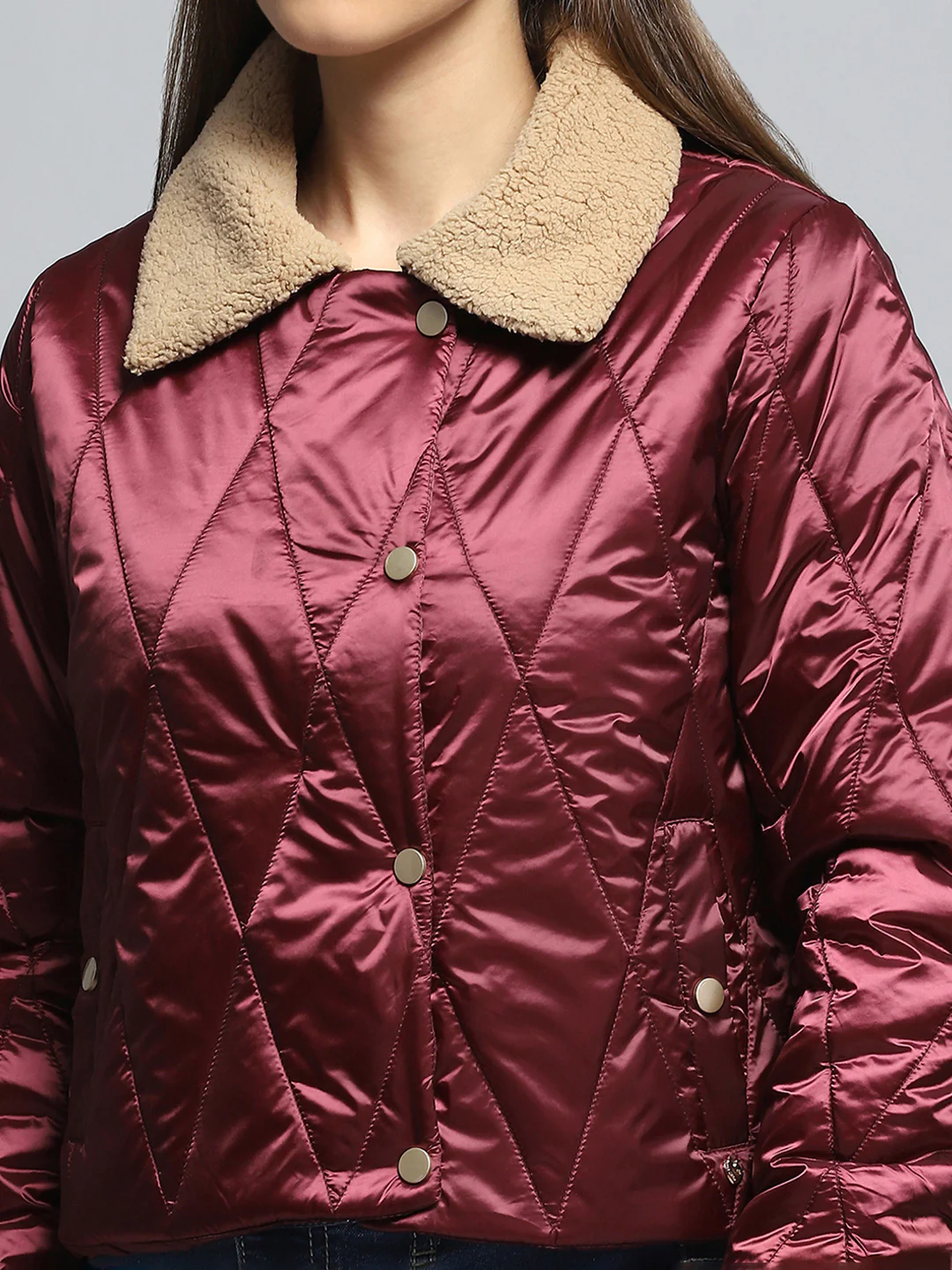 Women Maroon Solid Collar Full Sleeve Jacket - Image 6