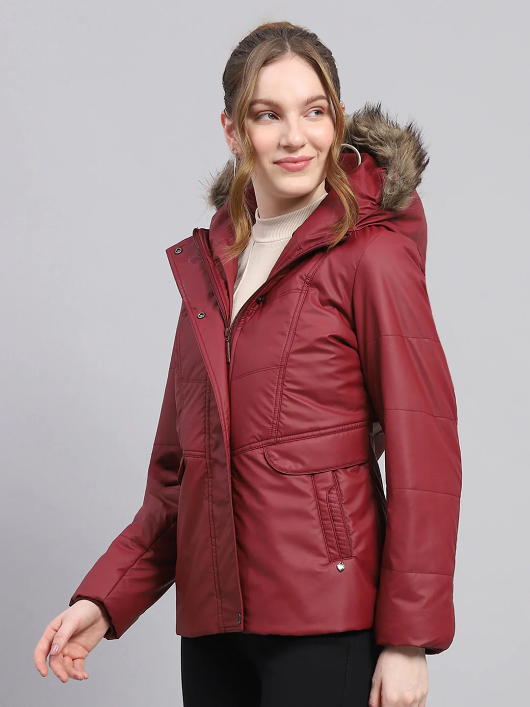 Women Maroon Solid Hooded Full Sleeve Jacket - Image 3