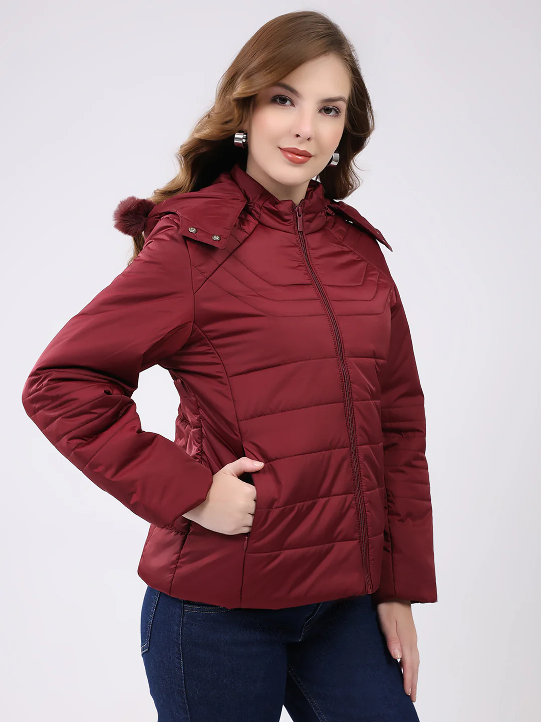 Women Maroon Solid Hooded Full Sleeve Jacket - Image 4
