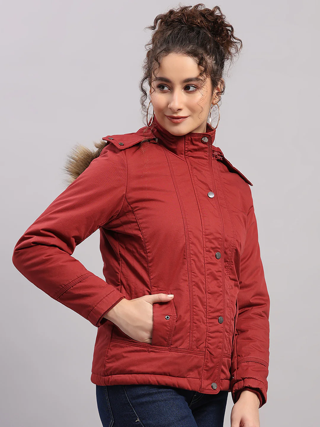 Women Maroon Solid Hooded Full Sleeve Jacket - Image 4