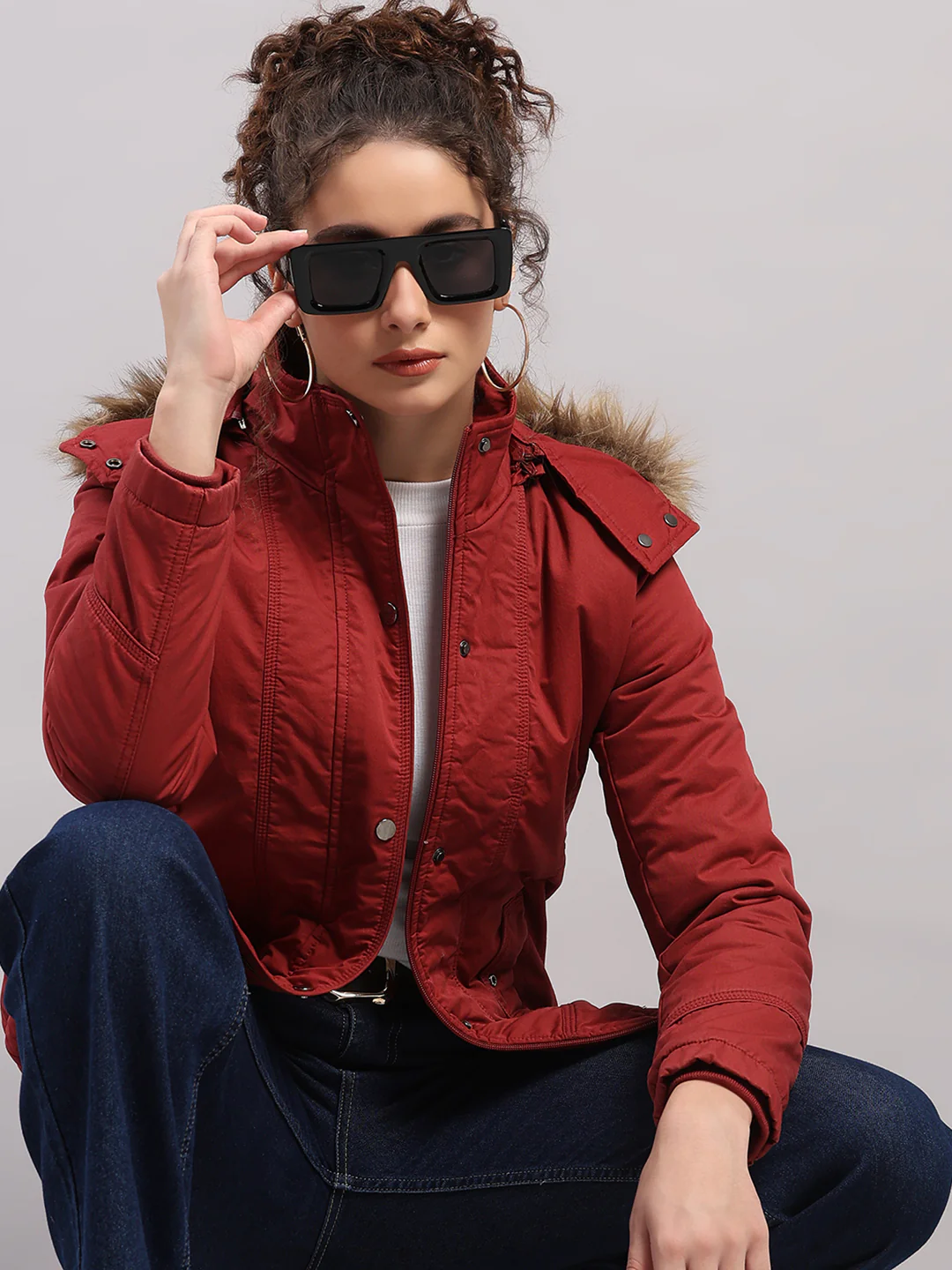 Women Maroon Solid Hooded Full Sleeve Jacket - Image 6