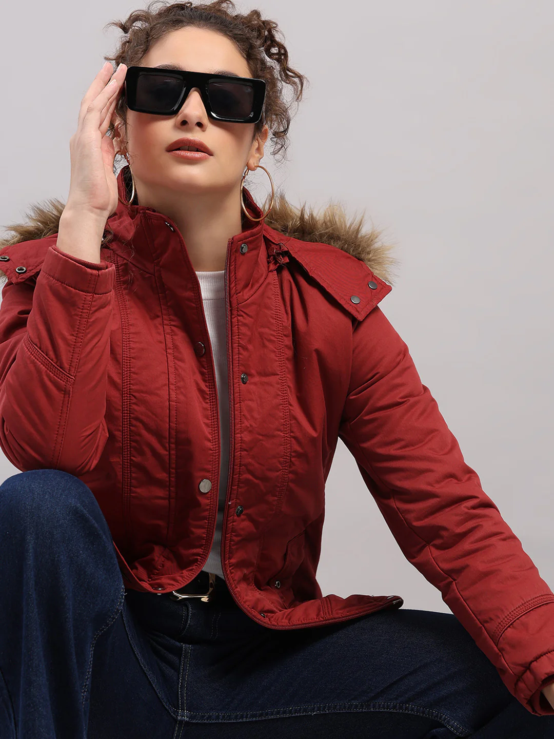 Women Maroon Solid Hooded Full Sleeve Jacket - Image 7