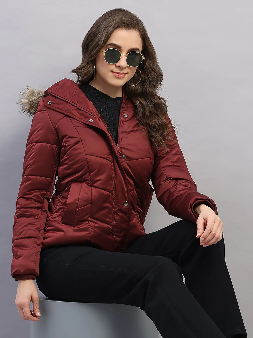 Women Maroon Solid Hooded Full Sleeve Jacket - Image 6
